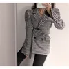 Houndstooth Korean Belt Woolen Coats Jackets Women Puff Sleeve Notched Collar Double-breasted Elegant Vintage Female Outwear Top 210513