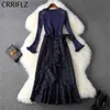 Vinter Medium Lång Kvinnor Set Flare Ärm O Neck Pullover Ruffles Plaid Skirt 2 Piece Elegant Patry Dress 210520