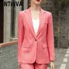 Żółty Różowy Zielony Stripe Blazer Kobiety Dwa Kawałki Blask Garnitury Jesień Winter Biuro Panie Nosić Kurtki Plus Rozmiar 4XL 210527