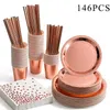 1 Pcs Disposable Party Tableware Rose Gold Champagne Paper Cup Plate Straws Birthday Party Festive Decor Wedding Supplies 211216