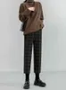 Seoulish herfst winter wollen plaid vrouwen formele rechte broek hoge taille enkellengte chique losse dames pocket 211115