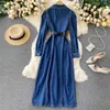 Vintage Blue Denim Jurk Dames Herfst Revers Collar Volledige Mouw Single Breasted Korean Work OL Jeans Long Maxi 210603