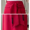 Women Midi Skirt Elegant Tie Sashes Casual High Waist Pencil Skirts Nylon Cotton Stretch Fabric Plus Size Slit long skirts X0428