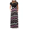 Wave Stripe Drukuj Długa Sukienka Kobiety Casual Luźne Krótki Rękaw Suknie Długa Wysoka Talia Maxi Dresses Beach Sundress Party Vestidos X0521