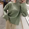 PERHAPS U Women Sweater Beige Green Button Slash Neck Loose Solid Elegant Autumn M0100 210529