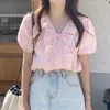 Sweet Ruffle Patchwork Womens Tops Chique Strikje V-hals Puff Sleeve Blouses Zomer Koreaanse Blusas Shirt 6J597 210603