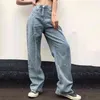 Autumn Women vintage solid denim jeans pants retro Street High-Waist Denim Wide-Leg Pants Fashion Loose Mopping 210508