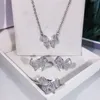 2021 925 Silver Womens Set Borboleta Anel de diamante Colar Brincos de três peças de casamento nupcial jóias