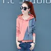 Kvinnors Tröjor Mode Hoodie Tracksuits 2022 Vår Casual Jacka Kort Hooded Denim Splice Ladies Pullovers Tops Sportkläder