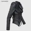 CARANFIER Herbst Frauen Pu Leder Jacke Faux Soft Mantel Kurze Design Reißverschluss Schlank Schwarz Motorrad 211130