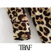 Kvinnor chic mode med båge bundet leopard print mini dress vintage v hals långärmad kvinnlig klänningar vestidos mujer 210507
