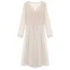 Vårklänningar Vintage Elegant med knapp A-Line Dress Solid Puff Sleeve Lace Voile Mesh Dress Women Vestidos