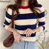 Wiosna Koreański Dzianiny Paski Pulower Sweter Kobiety Z Długim Rękawem O-Neck Vintage Moda Casual Kobiet Topy Swetry 210513