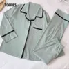 Conjunto de pijamas de algodón empalmado de encaje de primavera para mujer Ropa de dormir Camisas de manga larga y pantalones Cintura elástica Loungewear 210421