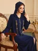 ملابس عرقية مسلم الأزرق الداكن مقنعين الراين عارضة طويلة الأكمام اللباس المرأة رمضان رداء ماروكاين جيلبب جيلابا فام باكستاني