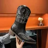 Ladies Mid Calf Cowboy Boots for Women Pointed Toe Pu Leather Western Shoes Embroidery Autumn Winter Low Medium Square Heels size35-42
