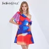 Sexy Print Tie Dye Kleid für Frauen Asymmetrischer Kragen Kurzarm Hohe Taille Hit Farbe Kleider Weibliche Mode 210520