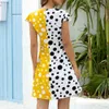 Jocoo Jolee Casual Short Sleeve V Neck Tie Bow Slim A Line Dress Elegant Polka Dot Color Block Chiffon Mini Dress Beach Sundress 210518