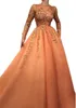 Modest Orange Long Sleeve Prom Dresses 2022 3D Appliques A Line Sheer Neck Floor Length Evening Gowns Formal Vestidos Custom Mad