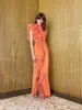 Robe de soirée Orange Chic, tenue de soirée fendue à volants, sans manches, sur mesure, longueur au sol, magnifique robe de soirée