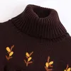 Vintage Chic Ruches Floral Embroidery Sweaters Dames Mode Turtleneck Pullovers Elegante Dames Flare Sleeve Short Jumpers 210520