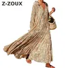 Casual Dresses Z-Zoux Frauen Kleid V-Ausschnitt Langarm Drucken Vintage Plus Size Blumen Sexy Maxi 2021 Mode