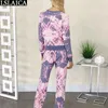 Vêtements pour femmes Pyjamas décontractés à manches longues Tops Pantalons Deux pièces Ensemble Femme Tie-Dye Imprimer Lâche Home Loungewear Conjuntos Mujer 210515