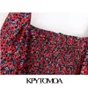 KPYTOMOA Moda Feminina Blusa Cropped Estampa Floral Vintage Decote em V Manga Longa Costas Elástica Camisas Femininas Chic Tops 220307