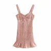 Floral Slip Mini Dress Kvinnor Sommar Ruched Ruffle Slim Sexig Strap Kvinna Chic Lace Backless Short Es 210519