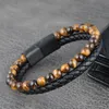 Charm Bracelet Men Multilayer Leather Braided Rope Natural Stone Beads Stainless Steel Magnetic Clasp Bangle Punk Jewelry with a velvet bag