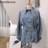 Nomikuma sash lace up cintura magro jaquetas de manga longa girar colarinho único breasted denim casacos estilo coreano Outerwear 3c228 210514