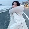 Winter White Duck Down Oversized Medium Long Jacket Women's Thickened Hooded Fur Collar Chic Causal Bread Coat 210520