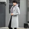 Män Vinter Woolen Fur Collar Long Coat Warm Outwear Slim Coat Men Lång Vinter Trench Coat Chaqueta Invierno Hombre 211011