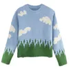 Pulls Femmes Crewneck Plein Sky Cloud Nuage imprimé Pull tricoté automne hiver Pull surdimensionné Knitwear Jumper Top x0721