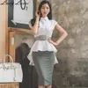 Летние два куска набор Slim Swallowtail White Blouse + Bodycon MIDI юбка офисная ткань ремень океплоюма рабочая юбка костюма 210529