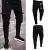 Fashion Black Jean Men Denim Skinny Biker Jeans Destroyed Frayed Slim Fit Pocket Cargo Pencil Pants Plus Size S-3XL