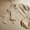 春モデルコットンベビーネイビーカラーシャツ+格子縞のショーツスーツ子供幼児ガール服210702