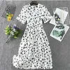 French Lovely Pattern Print Women V-neck Dresses Flare Short Sleeve High Waist Midi Belt Casual 210529