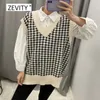 Kvinnor Vintage V Neck Houndstooth Plaid Pattern Stickad Casual Loose Vest Sweater Kvinna Patchwork Ärmlös Tröjor Toppar CT516 210603