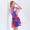 Sexy Print Tie Dye Dress For Women Asymmetrical Collar Short Sleeve High Waist Hit Color Dresses Female Fashion 210520