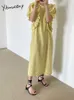 Yitimuceng Floral Print Dresses for Women Summer Korean Fashion Boho Long Dress Puff Sleeve Edible Tree Fungus Yellow Black 210601