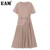 [EAM] Women Apricot Pleated Sashes Asymmetrical Dress Round Neck Short Sleeve Loose Fit Fashion Spring Summer 1DD7145 21512