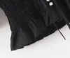 Lato Pelpum Tunika Bluzka Topy Kobiety Wzburzyć Chic Czarna Koszula Vintage V Neck Pearl Button Plaża 210427