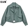 [Eam] losse pasvorm groene PU lederen split joint korte jas revers lange mouw vrouwen jas mode lente 1y643 211029