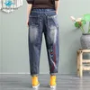 Kvinnor Vår Höst Mode Loose Casual Denim Jeans Office Lady Elastic Waist Broderade Harembyxor Kvinnlig Baggy Trouser H0908