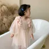Crianças menina lanterna manga vestido sprin novo festa de malha da menina coreana princesa vestido de manga longa crianças vestidos de fada para bebê q0716