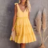 Ruffle A-line Casual Sleeveless Blue Summer Dress for Women Button Lace Up Strap Midi Sundress Yellow Beach 210427