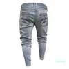 Fashion-Denim Blue Ripped Designer Jeans Mens Kläder Draped Slim Fit Holes Zipper Pencil Pants 2021