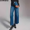 女性ファッションプレミアムマリンストレートジーンズヴィンテージパッチポケットシミーレスヘムハイウエストジップフライボタンデニム女性210520