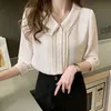 Peter Pan Collar Pullover Shirt Women Summer Tops Half Sleeve Casual Woman kläder Button Chiffon Blue Chemisier Femme 210326